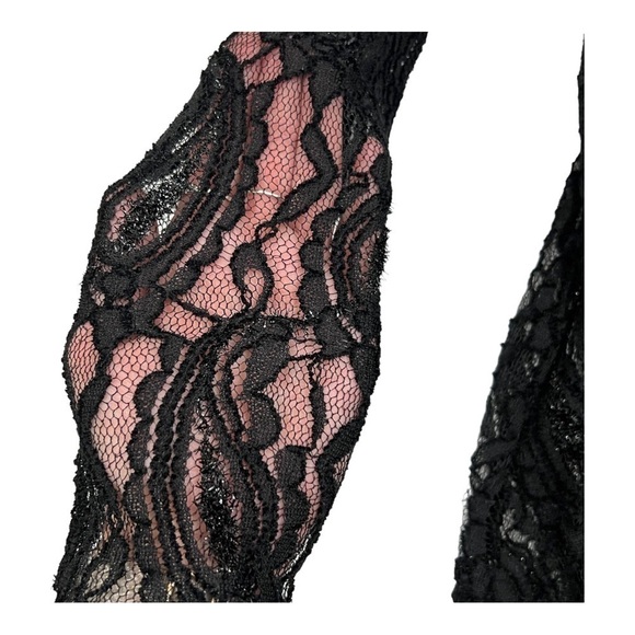 CURE Black Lace Bodycon Mini Dress Medium Scoop Back Long Sleeve Glitter Sheer - Picture 9 of 15